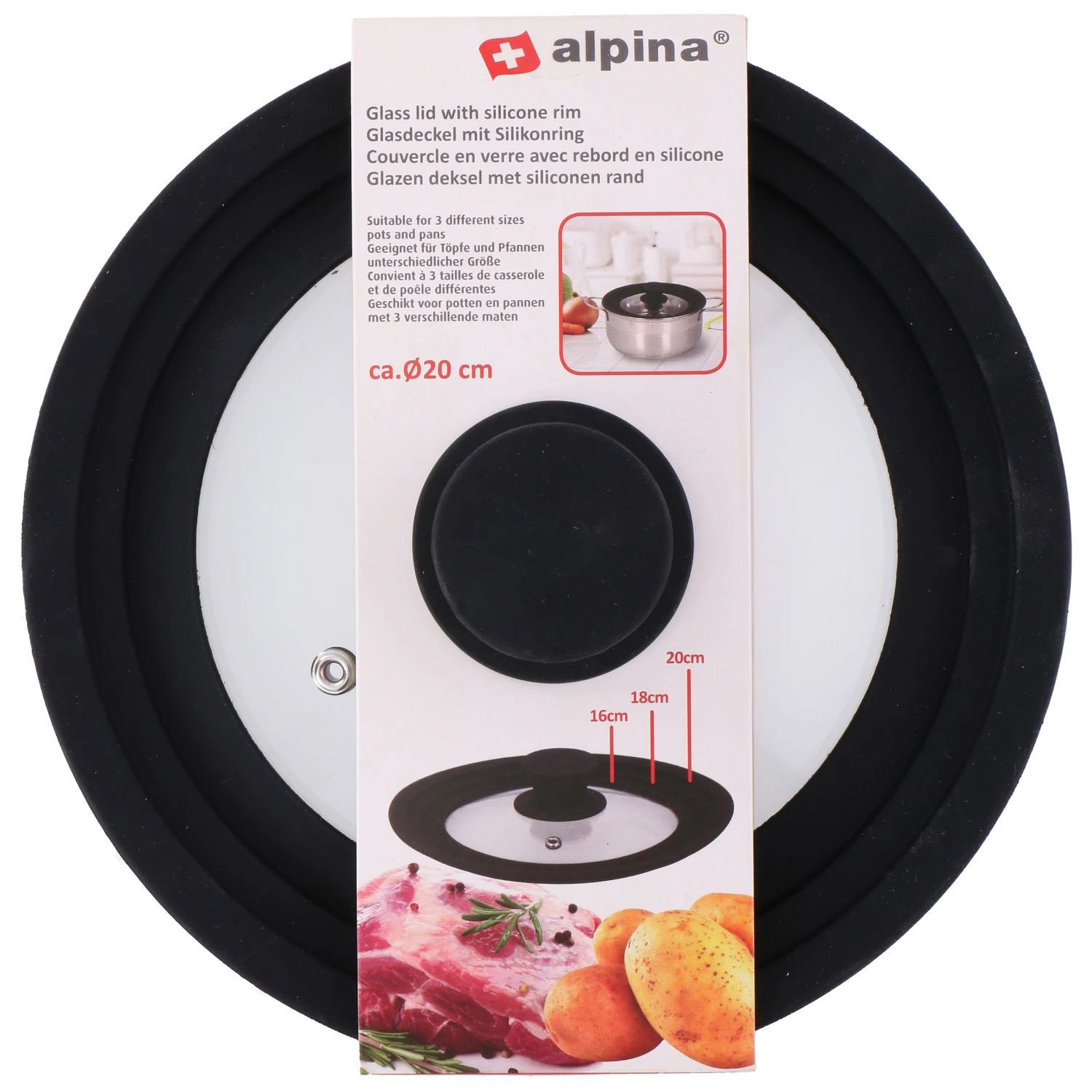 Alpina Deksel 20 Cm; Glas Met Siliconen Rand 3 Alpina Deksel 20 Cm; Glas Met Siliconen Rand